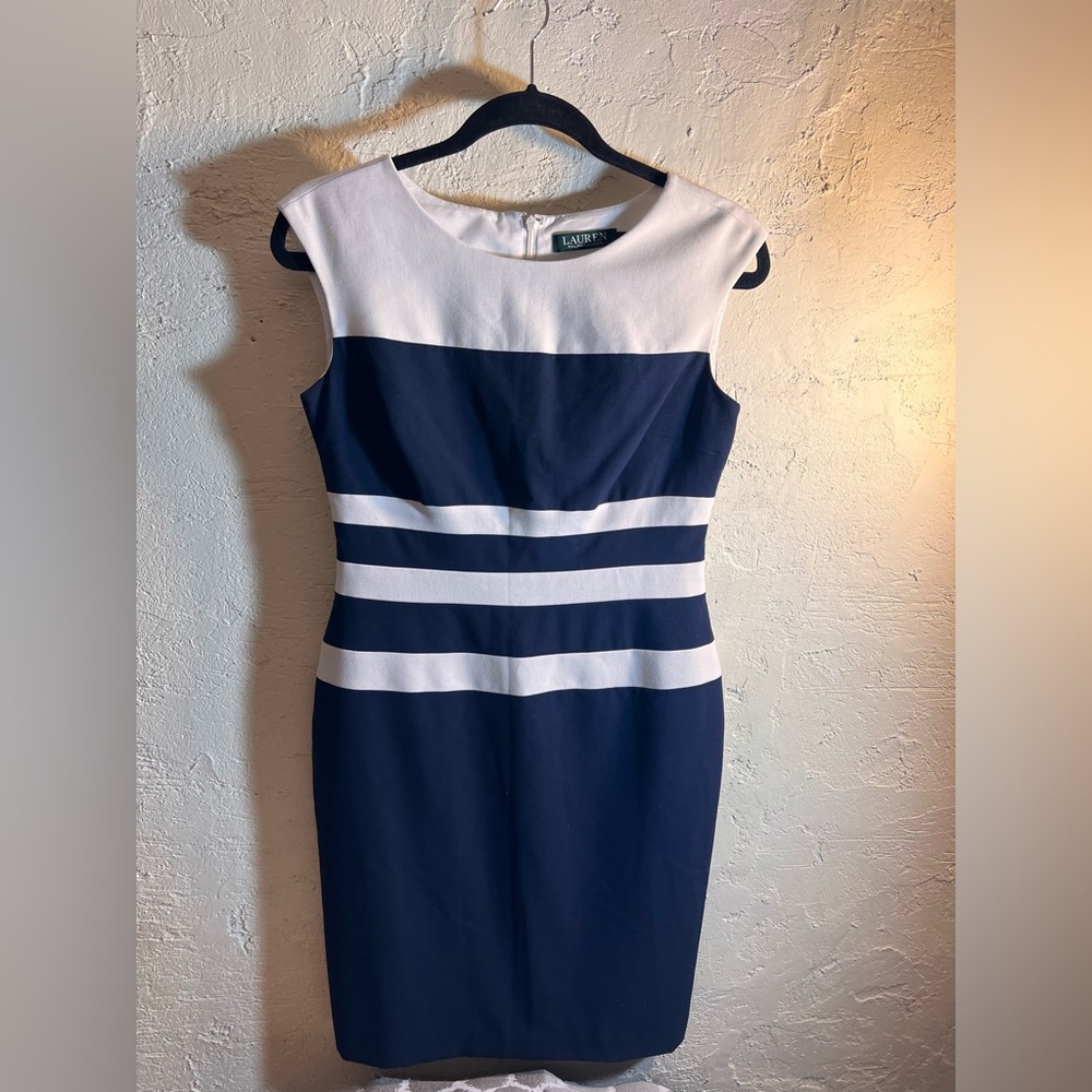 Ralph Lauren 6P Navy and Cream Striped Midi Dress petite classic sheath workwear